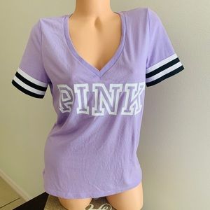 VS PINK V-Neck Logo Tee Shirt Size M Lavender